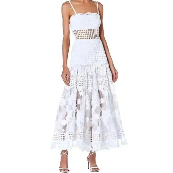 NWT $880 Alexis Legends Macrame White Fit and Flare Maxi Dress Ss L Boho… - Picture 6 of 16